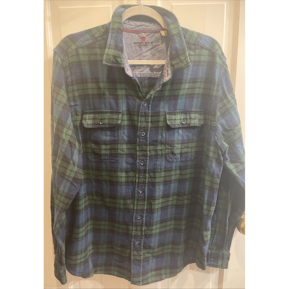 VTG Woolrich Blue & Green Plaid Flannel Button Down Shirt Large 100% Cotton XXL